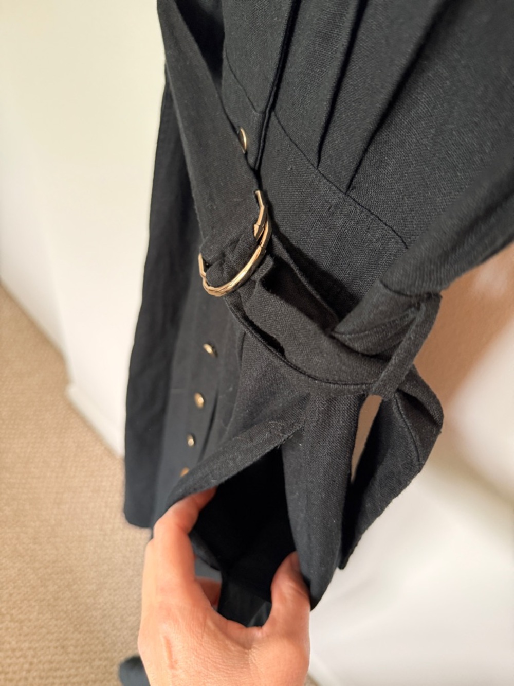 Zara Black Button-Front Belted Linen Maxi Dress with Gold Buttons - Size S - Picture 10 of 14